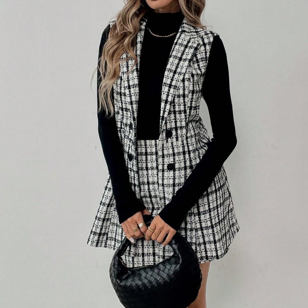 Black And White Elegant Women's Front Button Sleeveless Blouse And Skirt Set